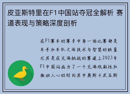 皮亚斯特里在F1中国站夺冠全解析 赛道表现与策略深度剖析